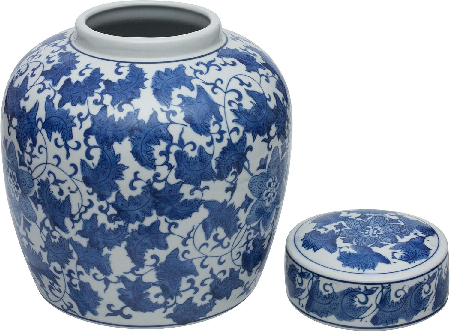 10" Blue and White Porcelain Floral Ginger Jar