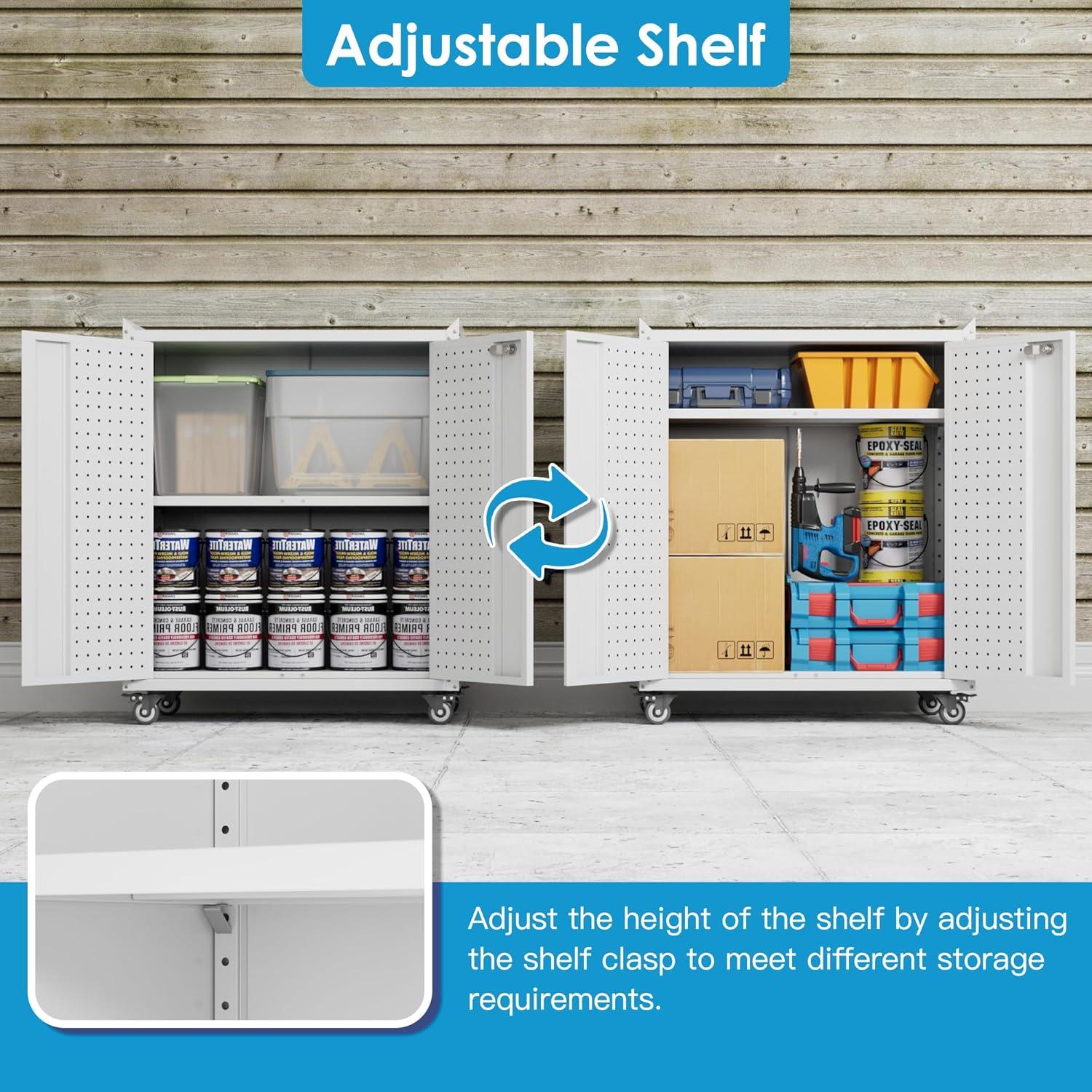 AOBABO 72 Inch Locking Metal Garage Home Office Storage Cabinet with Universal Rubber Wheels/Lockable Casters and Magnetic Doors, White