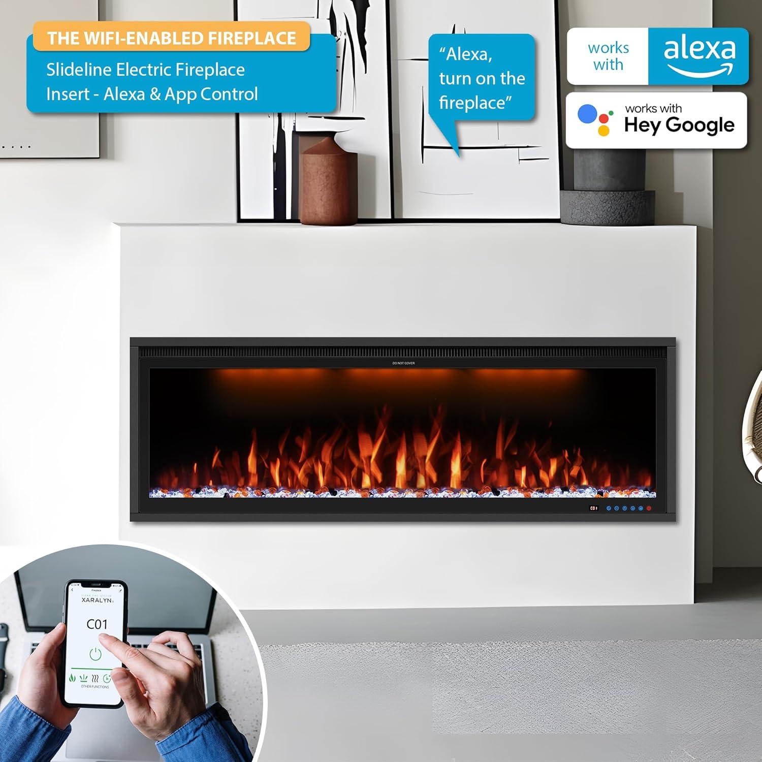 Benrocks 42'' WiFi-Enabled Electric Fireplace Insert - Alexa & App Control, 13 * 13 * 3 Color Combinations, Smart Fireplace Heater, Timer, Logs & Crystals Included, 750/1500W