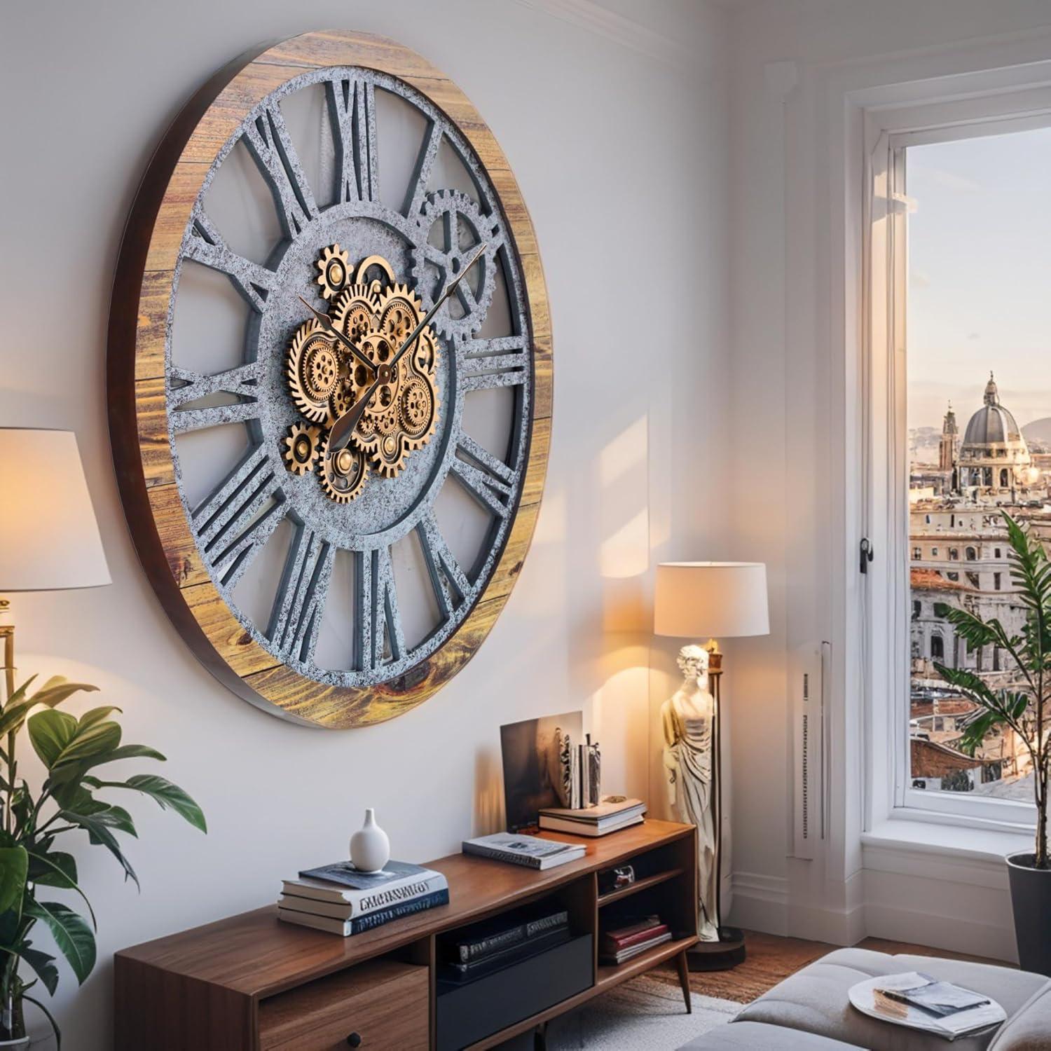 The Gears Clock Wall Clock 36" Round Oversized for Living Room decor with Real Moving Gears America Collection