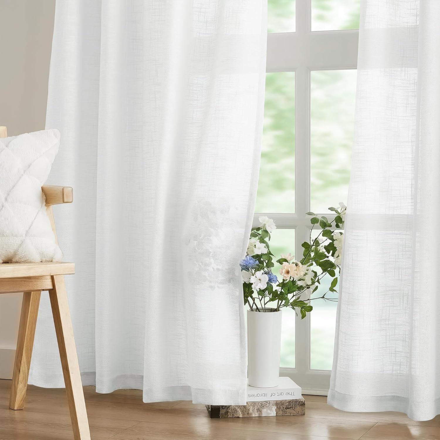 White Linen Semi-Sheer Light-Filtering Rod Pocket Curtains, 63" Length