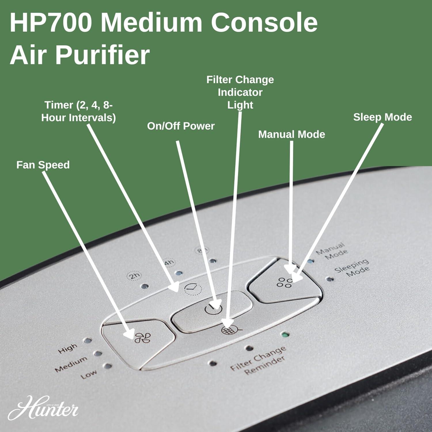 Hunter HP700 Medium Console Air Purifier for Large Rooms Features Pre-Filter, True HEPA Filter, Multiple Fan Speeds, Soft Touch Digital Control Panel