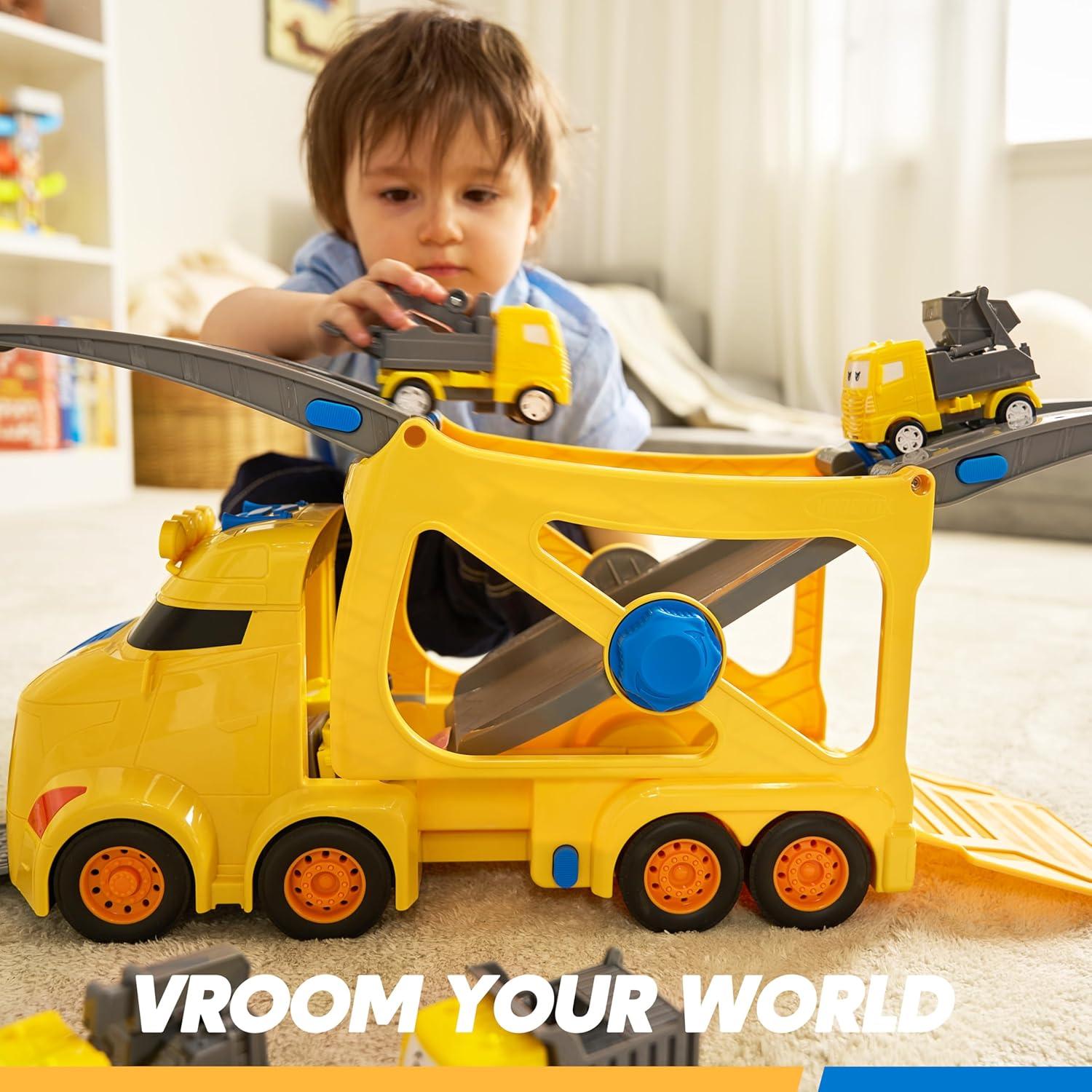 Extra Large Toy Cars for Toddlers, 3-Layer Construction Trucks for 2 3 4 Year Old Boys, 7-in-1 Big Transport Vehicle Carrier Truck with Siren & Lights and 6 Toy Cars, Birthday Gifts for Boys Kids