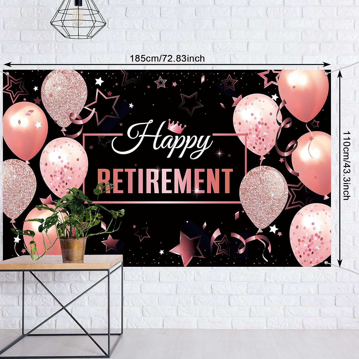 Blulu Retirement Party Decorations, Extra Large Fabric Retire Sign Banner Photo Booth Backdrop Background with Rope for Retirement Party Favor(72.8 x 43.3 Inch,Black and Rose Pink)