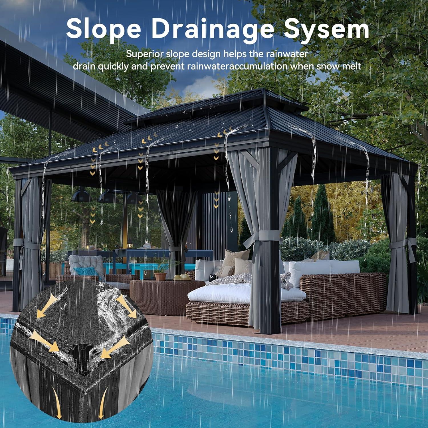 Kozyard Kozyard Alexander Gray Double Roof Hardtop Gazebo with Privacy Curtain Mosquito Netting