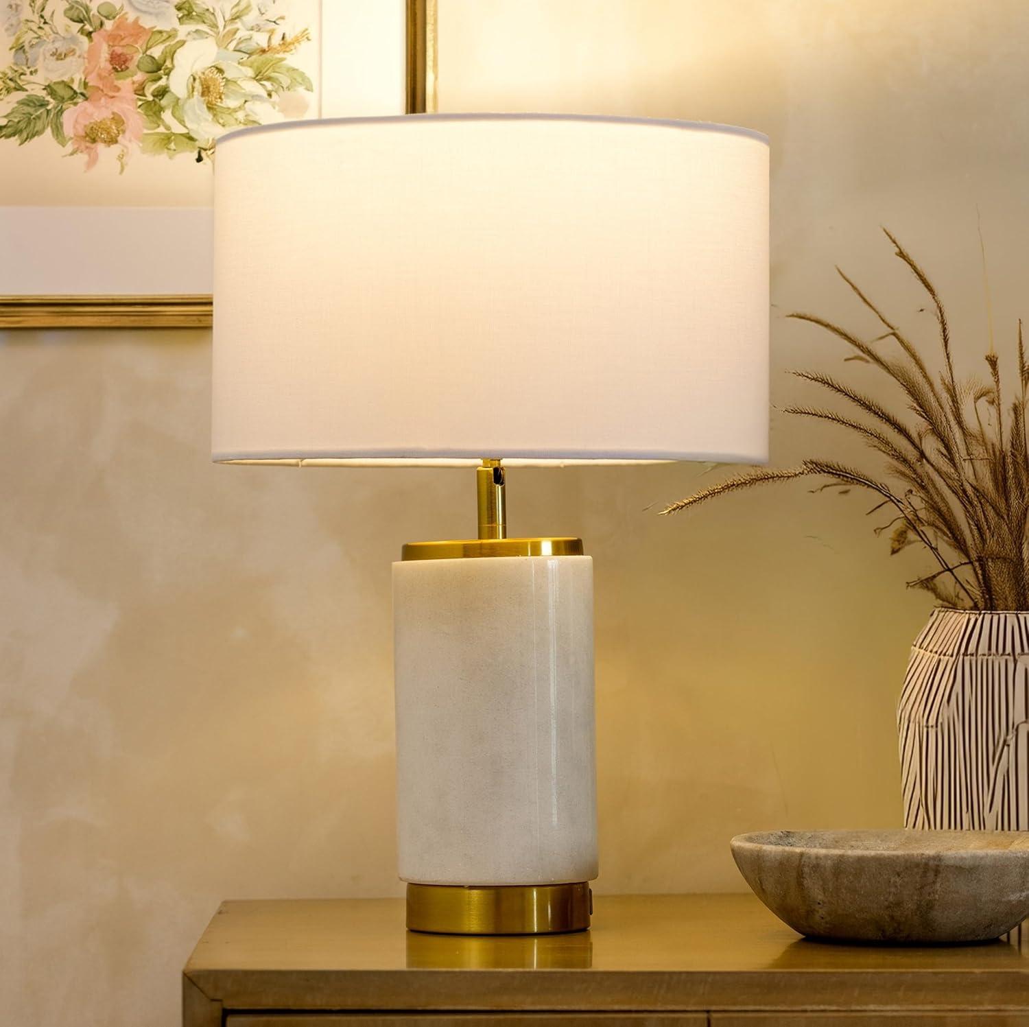 Brightech Arden 17 in. Mid-Century Modern LED Table Lamp with Fabric Drum Shade and USB Port