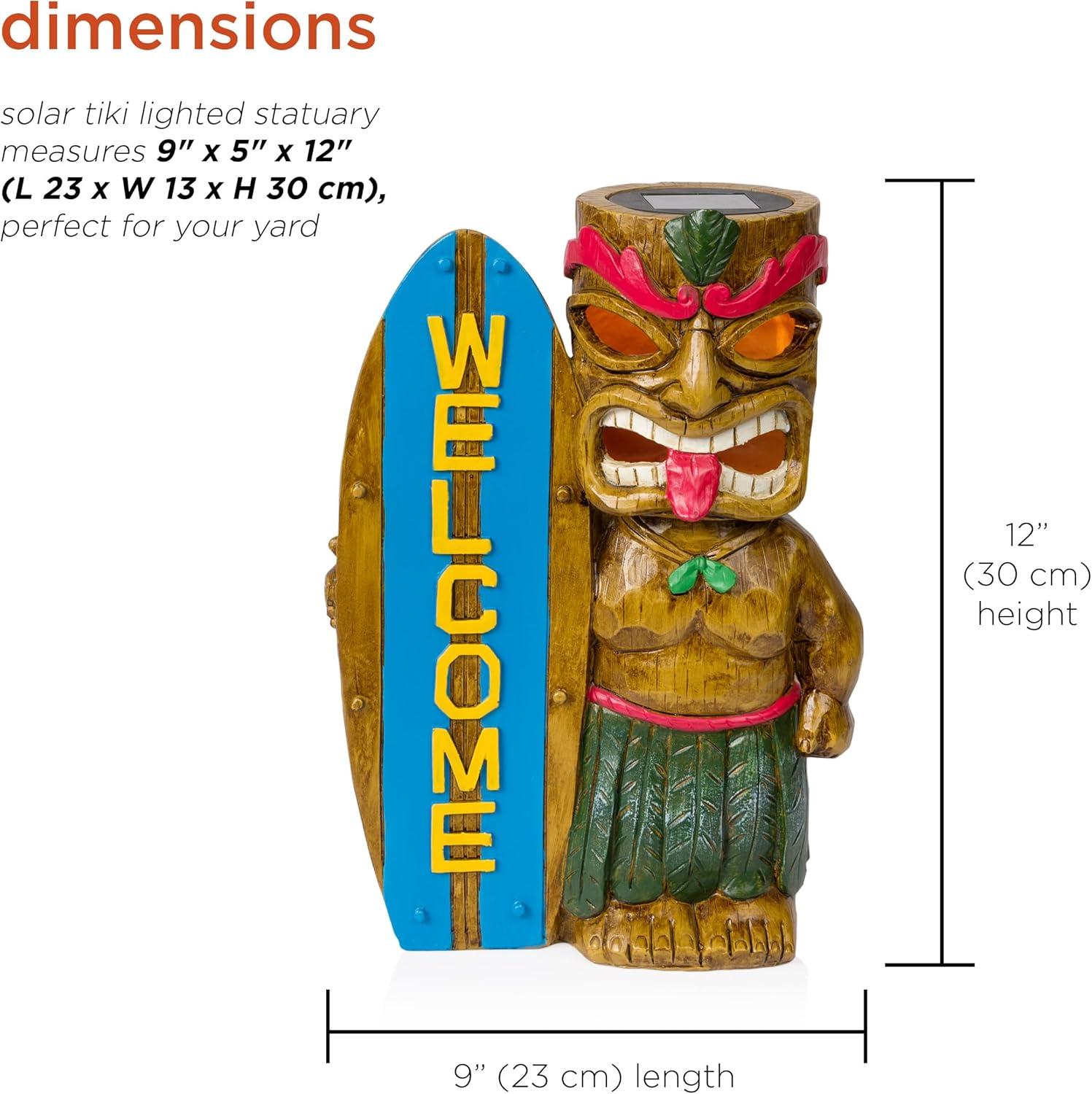 Alpine Corporation Solar Tiki with Welcome Surf Board Statuary and LED Lights