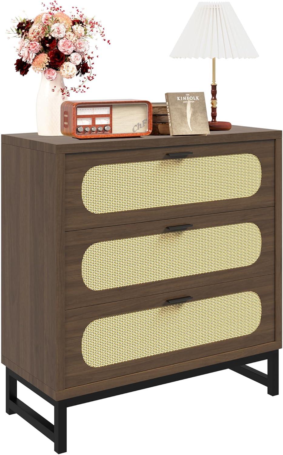 3 Drawer Dresser for Bedroom, Wide Modern Wooden Chest of Drawers, Accent Storage Cabinet Modern Bedside Table Golden Handles for Living Room, Entryway (Walnut Oak)