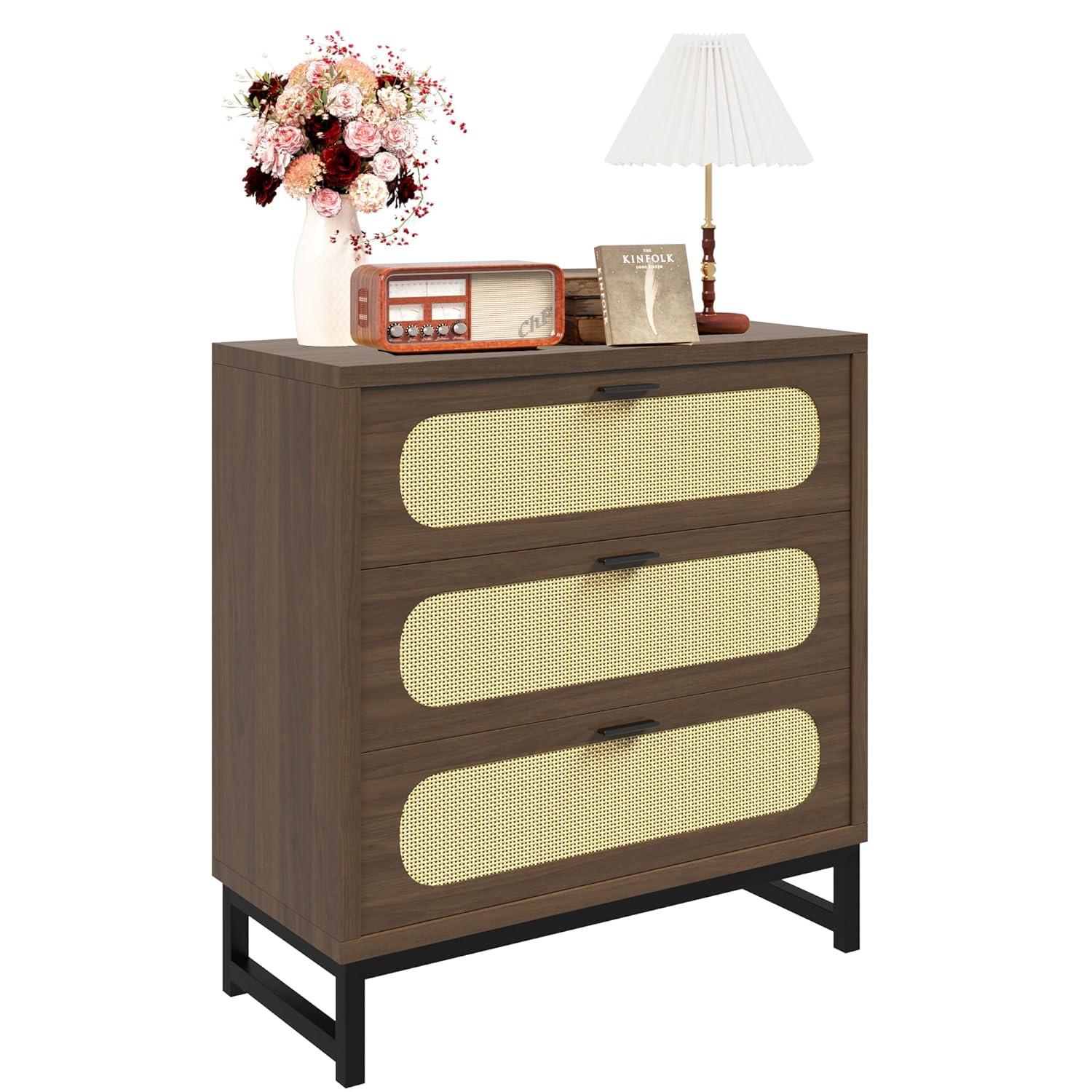 3 Drawer Dresser for Bedroom, Wide Modern Wooden Chest of Drawers, Accent Storage Cabinet Modern Bedside Table Golden Handles for Living Room, Entryway (Walnut Oak)