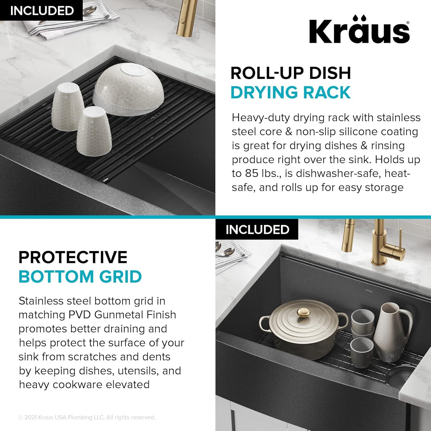 KRAUS Kore™ 27" L Farmhouse Apron Front Workstation 16 Gauge Black Stainless Steel Single Bowl Kitchen Sink