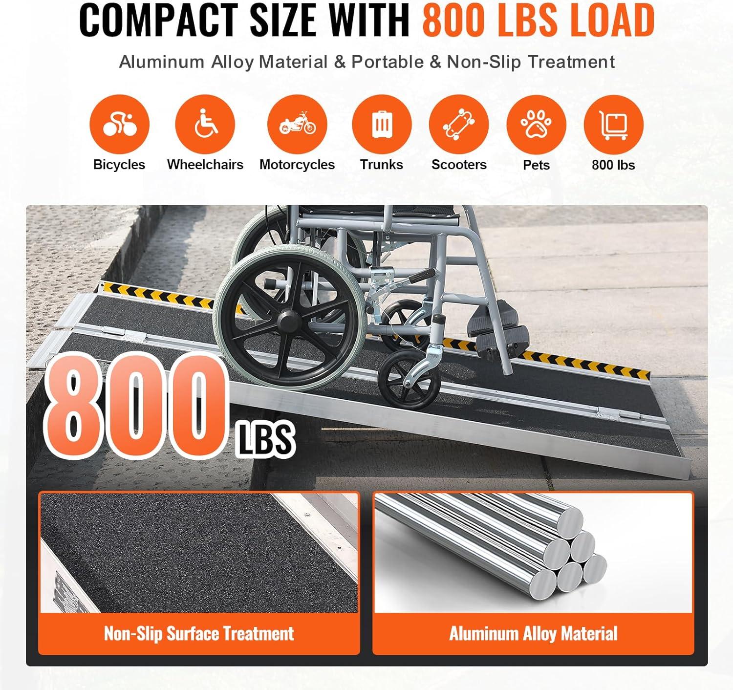 Portable Wheelchair Ramp, 5 ft 800 lbs Capacity, Non-Slip Aluminum Folding Threshold Ramp, Foldable Mobility Scooter Ramp Wheel Chair Ramp, Handicap Ramp for Home Steps, Stairs, Doorways, Curbs