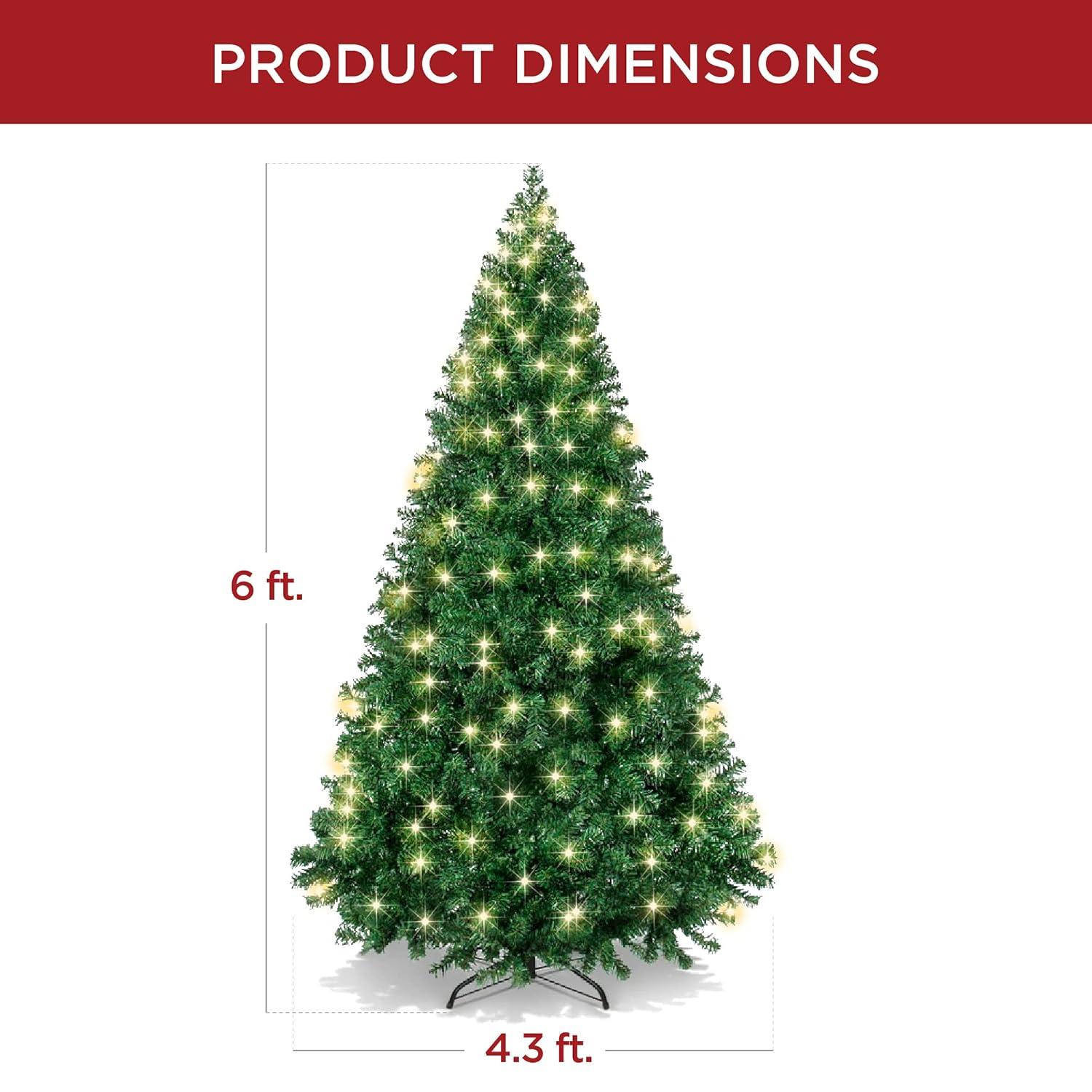 Best Choice Products 6ft Pre-Lit Premium Hinged Artificial Christmas Pine Tree w/ 1,000 Tips, 250 Lights, Metal Base
