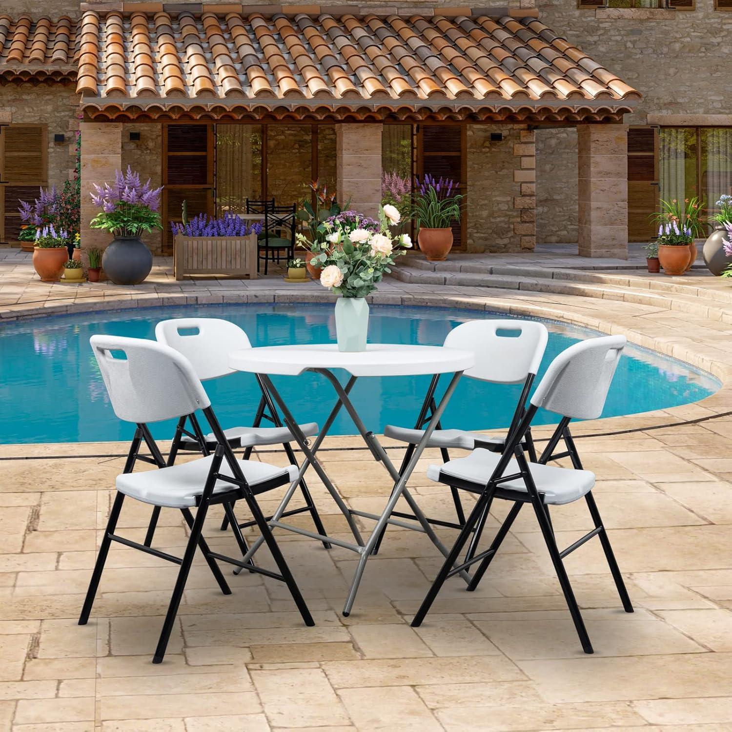 Hassch Plastic Folding Chairs Set of 4, Indoor Outdoor Stackable Chairs with White Seat & Back, Black Steel Frame, Used for Party, Garden, Patio, Dining, Wedding, Camping