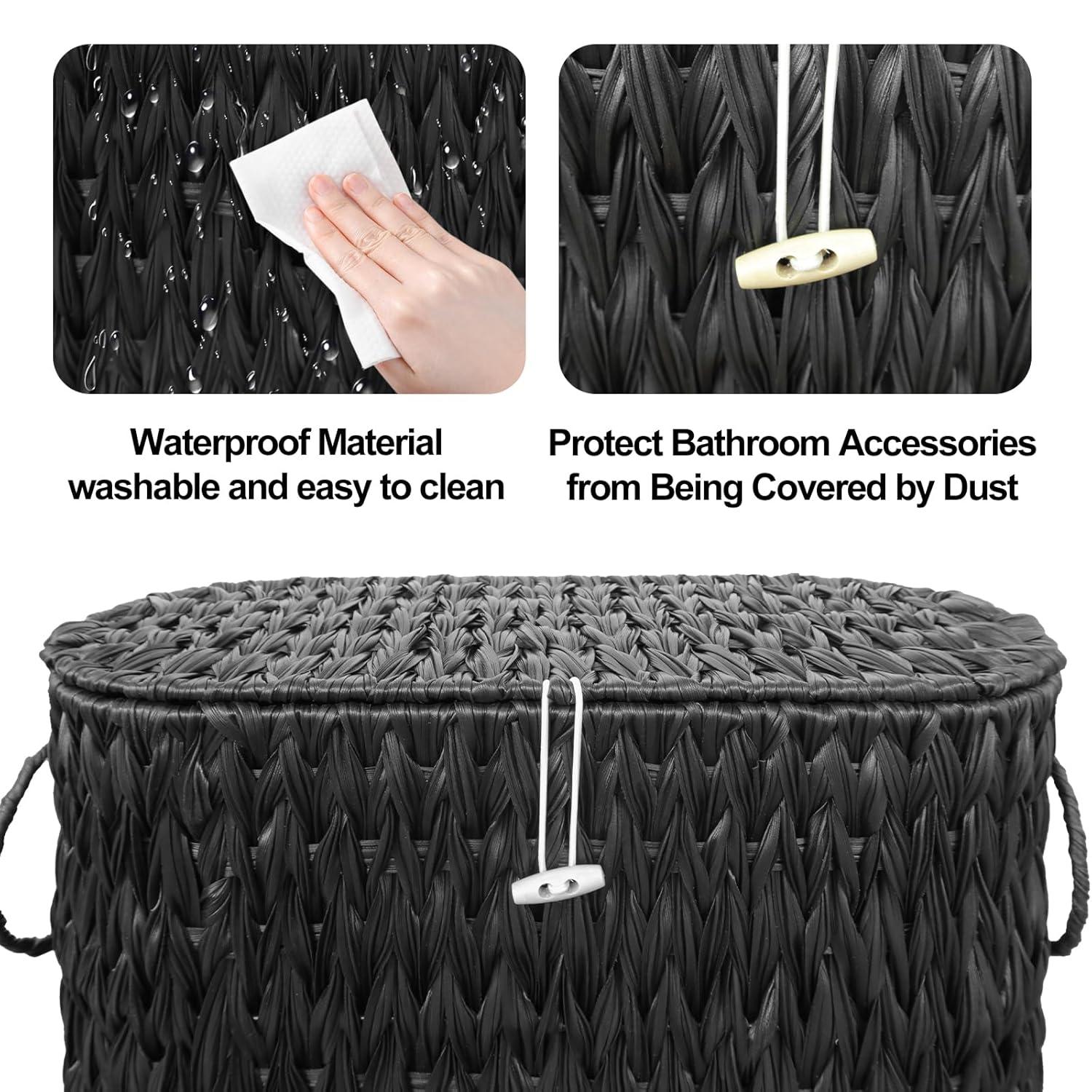Black Toilet Paper Basket with Lid,Wicker Toilet Paper Storage Stand,Large Narrow Bathroom Towel Basket Mega Roll Container Bin for Toilet Tank,Floor