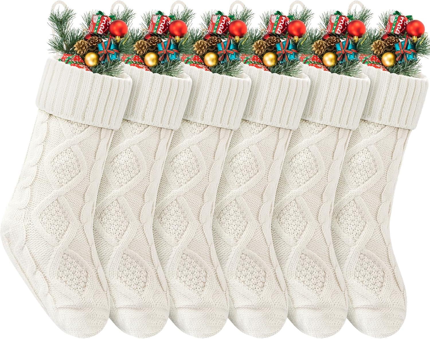 Pack 6, 18" Ivory Cable Knitted Christmas Stockings for Family Holiday Xmas Party Decor