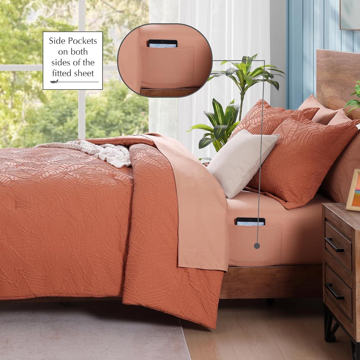 Geniospin Twin Comforter Set - 5 Pieces Burnt Orange Bedding Set, Botanical Textured Fall Comforter Set, All Season Lightweight Bed in a Bag with Comforter, Sheets, Pillowcases & Shams