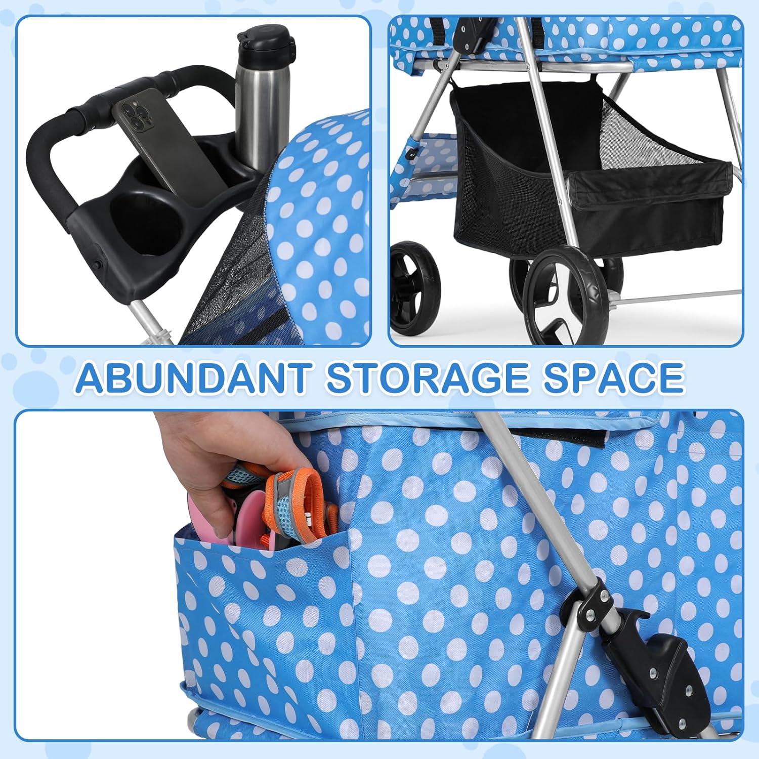 Sky Blue Polka Dot 3-in-1 Foldable Dog Stroller with Steel Frame