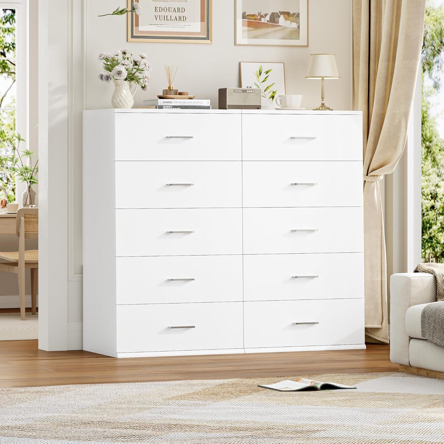 TTVIEW White Dresser, Chest of Drawers with Mental Handles, Tall White Dresser with 5 Drawers, Tall Dressers for Living Room, Kitchen, Entryway