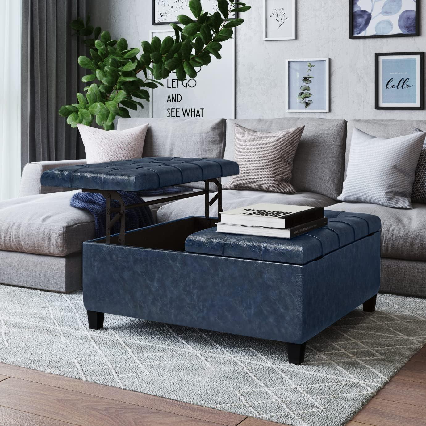 Simpli Home Harrison 36"W Upholstered Square Coffee Table Storage Ottoman with Split Lift Top