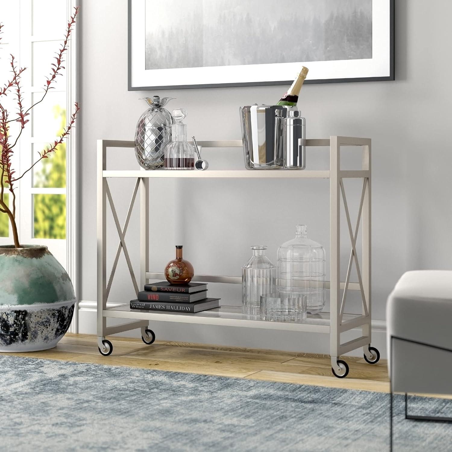 Contemporary Satin Nickel Rolling Bar Cart with Glass Shelves
