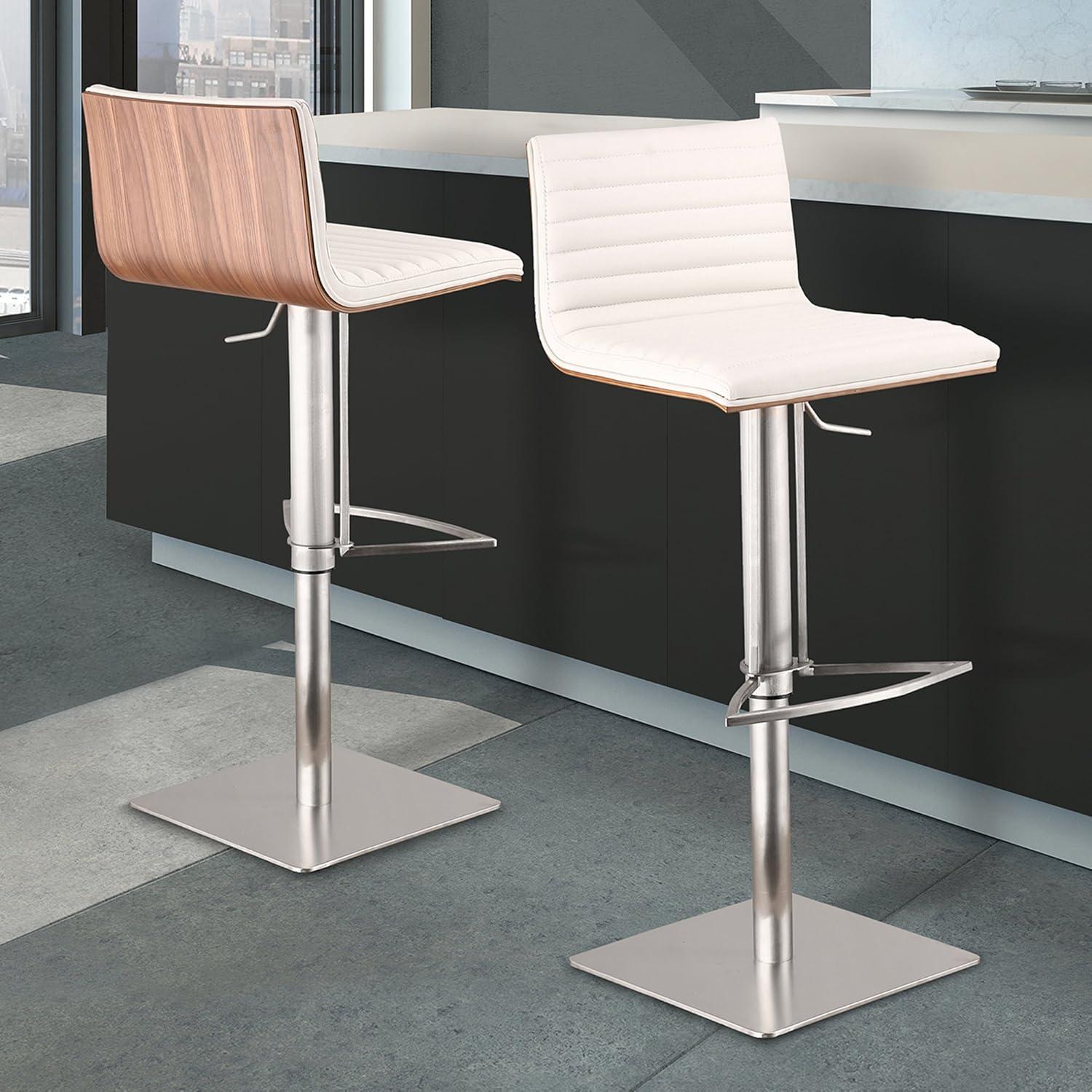 Armen Living Indoor Café Adjustable Height Swivel White Faux Leather and Walnut Bar Stool with Brushed Stainless Steel Base