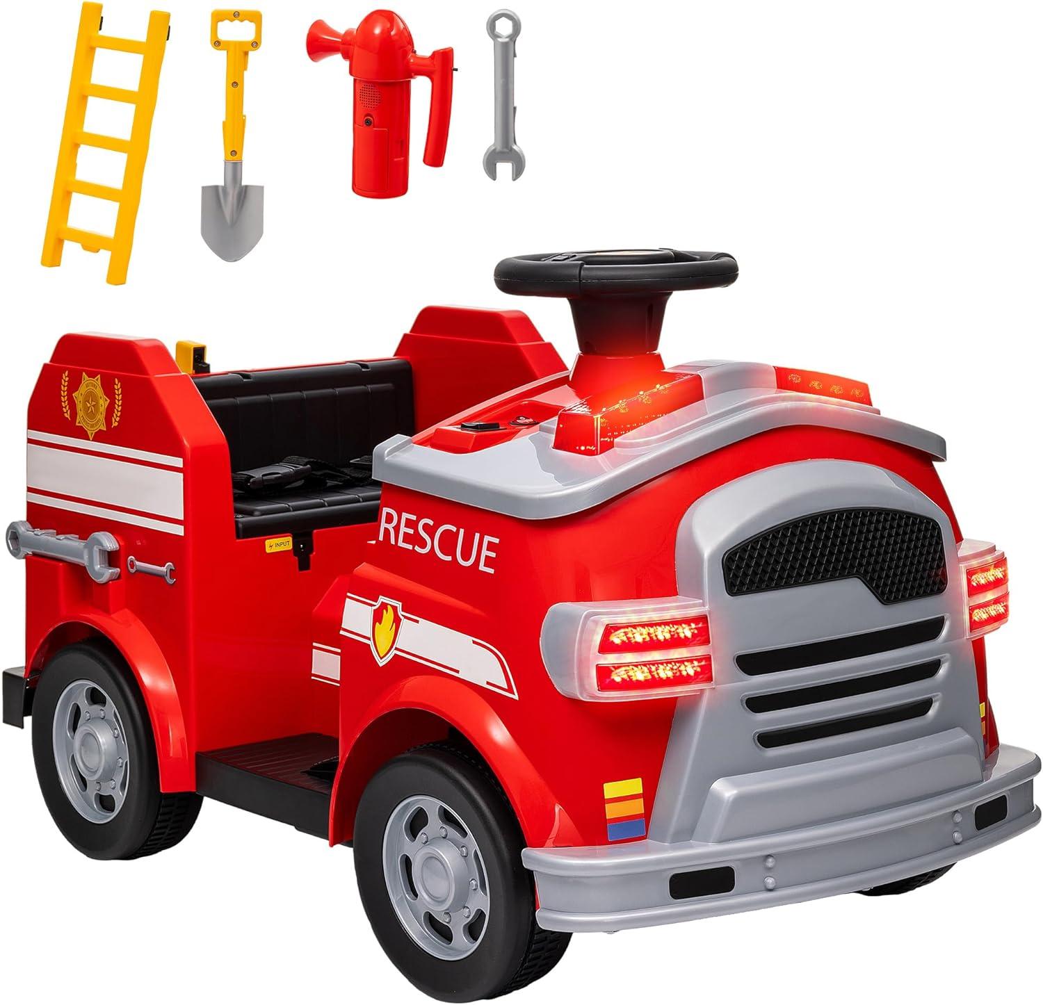 Qaba Qaba 12V Ride on Fire Truck with Siren, Lights, Soft Start, Horn Music, Red