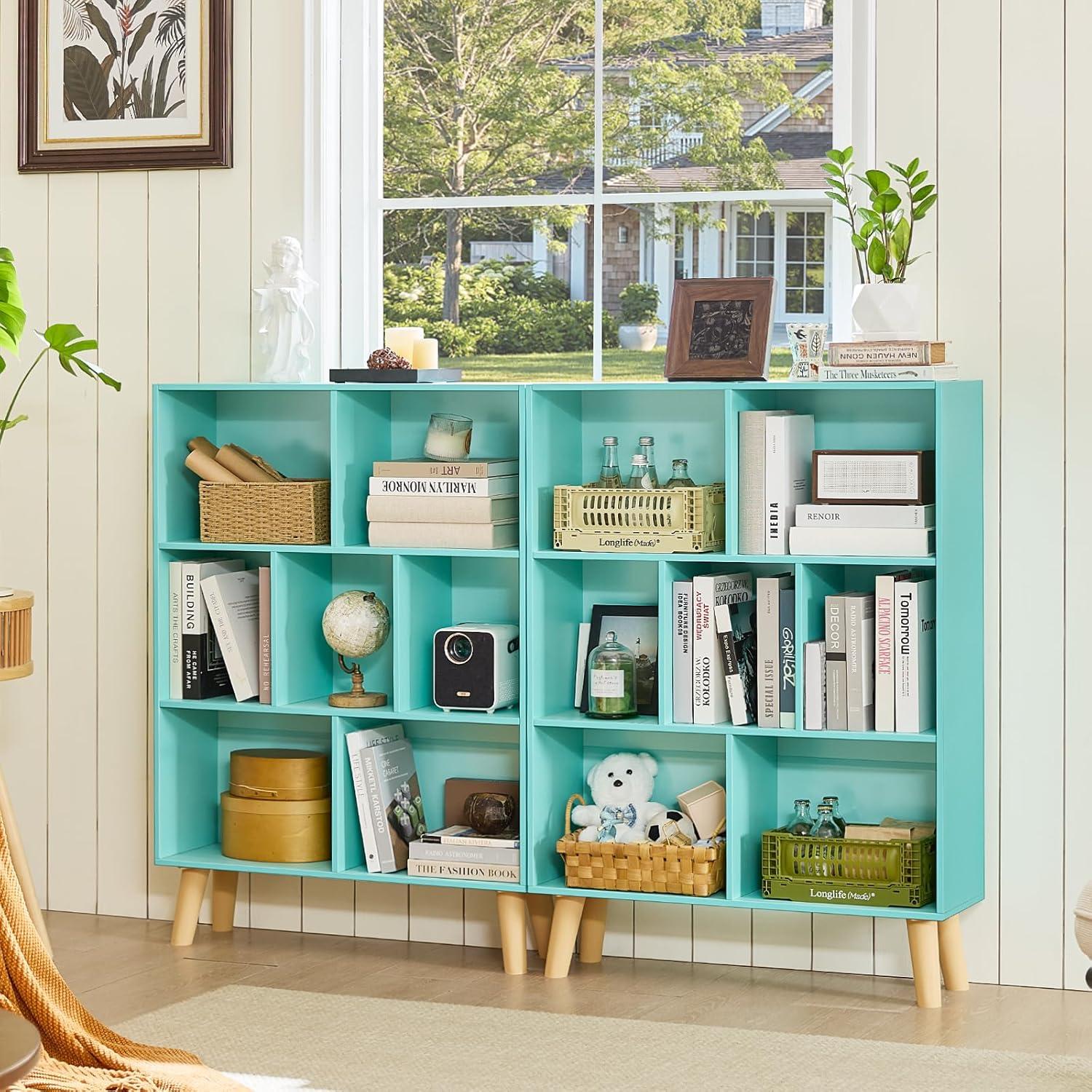 Satiny 7 Cube Bookshelf 3-Tier Bookcase with Legs, Mint-Green Kids Book Shelf Cute Storage Organizer, Toy Shelves Bookshelves,Wood Display Bookcases