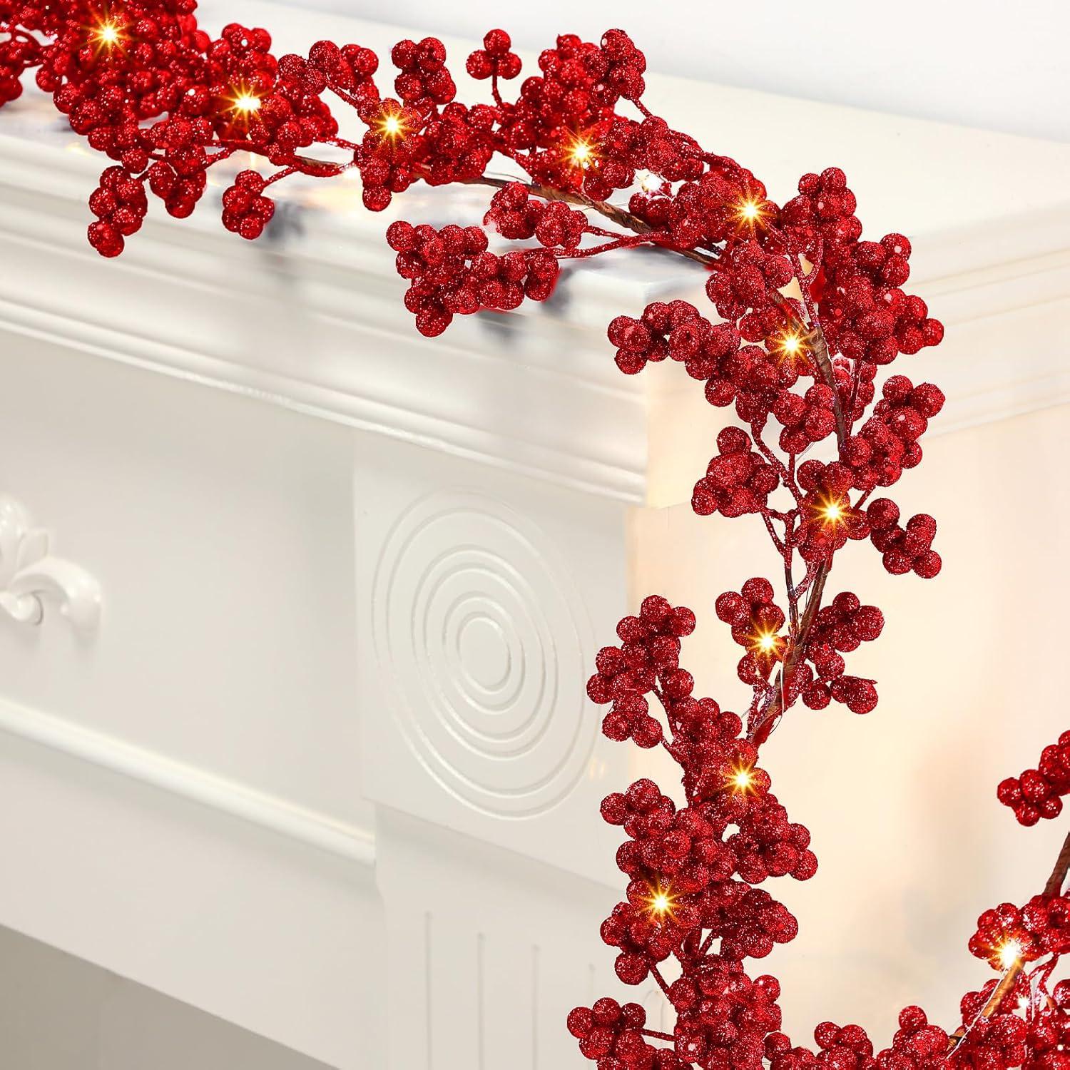 6ft Red Glitter Berry Lighted Christmas Garland