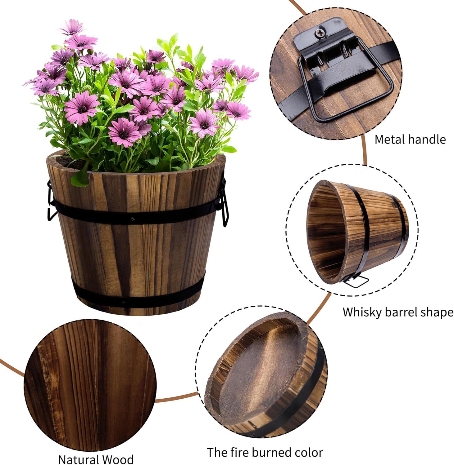 Rustic Wooden Whiskey Barrel Planter Set with Steel Handles