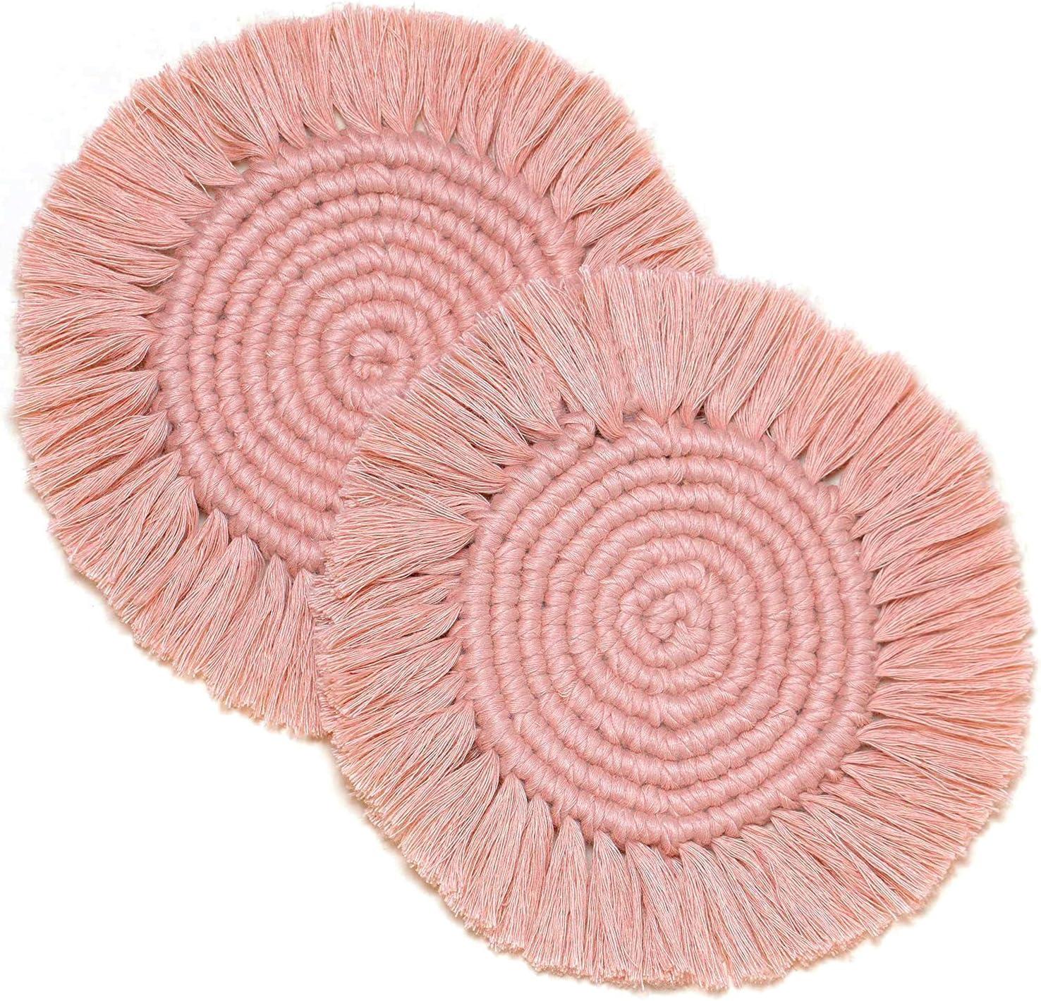 2 Posavasos Bohemios de Macramé para Bebidas, Posavasos Absorbentes con Borla, Posavasos Redondos de Algodón Hechos a Mano de 7 Pulgadas para Mesa de Escritorio, Cocina, Oficina, Hogar, Bar, Protección de Mesa, Regalo de Inauguración de la Casa, Rosa