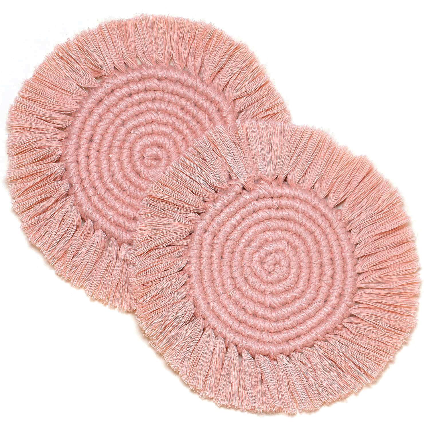 2 Posavasos Bohemios de Macramé para Bebidas, Posavasos Absorbentes con Borla, Posavasos Redondos de Algodón Hechos a Mano de 7 Pulgadas para Mesa de Escritorio, Cocina, Oficina, Hogar, Bar, Protección de Mesa, Regalo de Inauguración de la Casa, Rosa