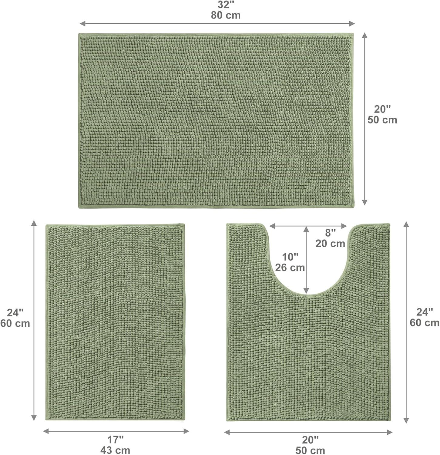 Urvoix Bathroom Rugs Sets 3 Piece, Non-Slip Chenille Bath Rug - Ultra Soft, Washable, Super Absorbent Bath Mat for Bathroom, Toilet and Tub (Sage)