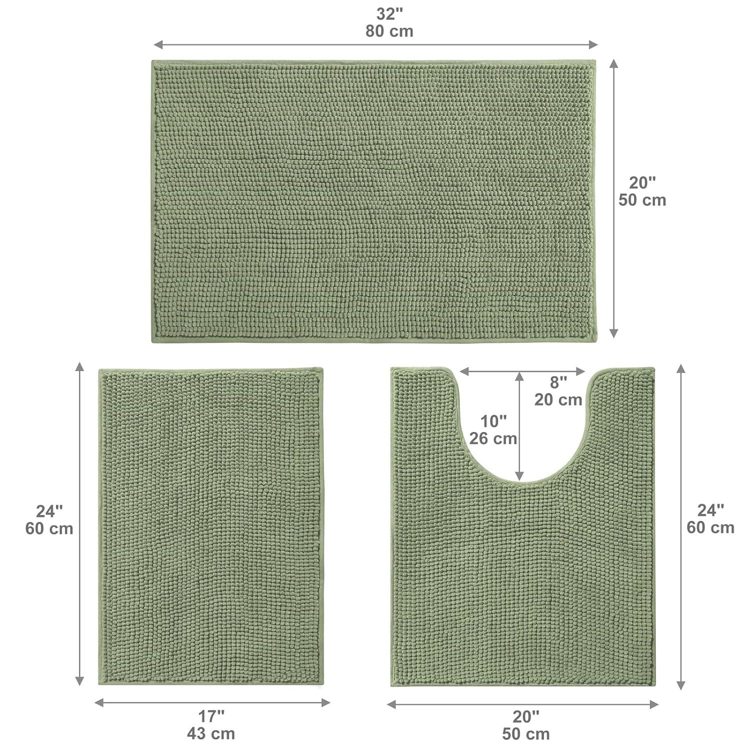 Urvoix Bathroom Rugs Sets 3 Piece, Non-Slip Chenille Bath Rug - Ultra Soft, Washable, Super Absorbent Bath Mat for Bathroom, Toilet and Tub (Sage)