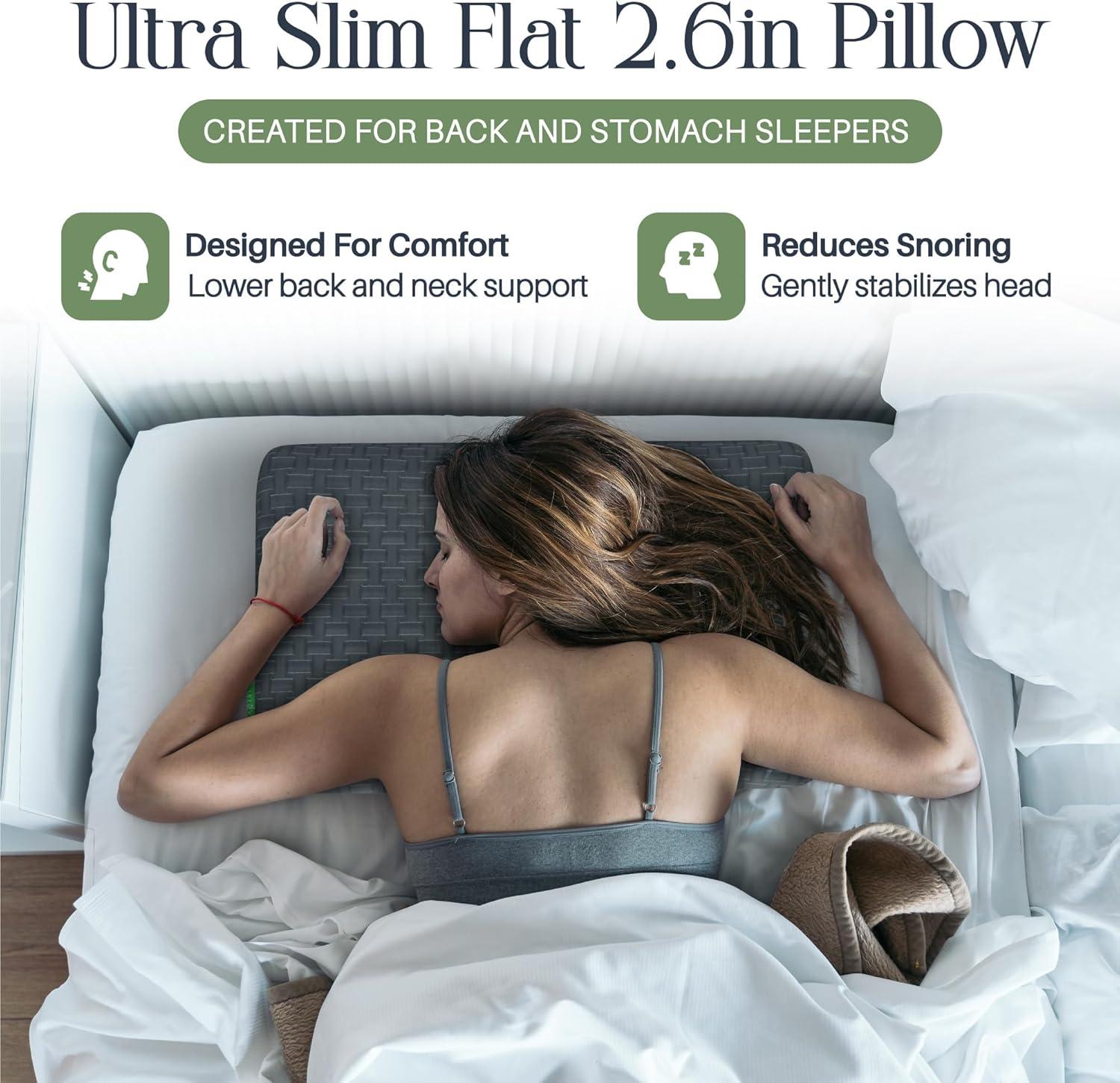 Umiboo by Focus Thin 2.5-Inch Memory Foam Pillow for Stomach and Back Sleepers 2-Pack (Gray)