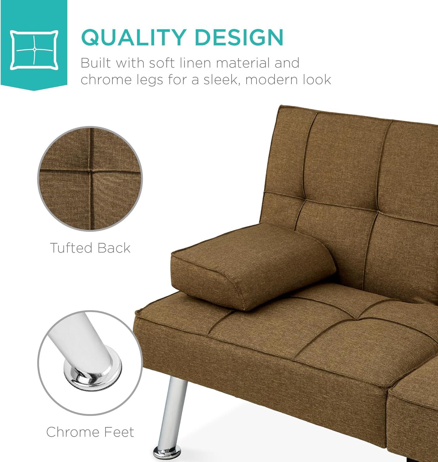 Best Choice Products Modern Linen Convertible Futon Sofa Bed w/ Removable Armrests, Metal Legs, Cupholders - Brown
