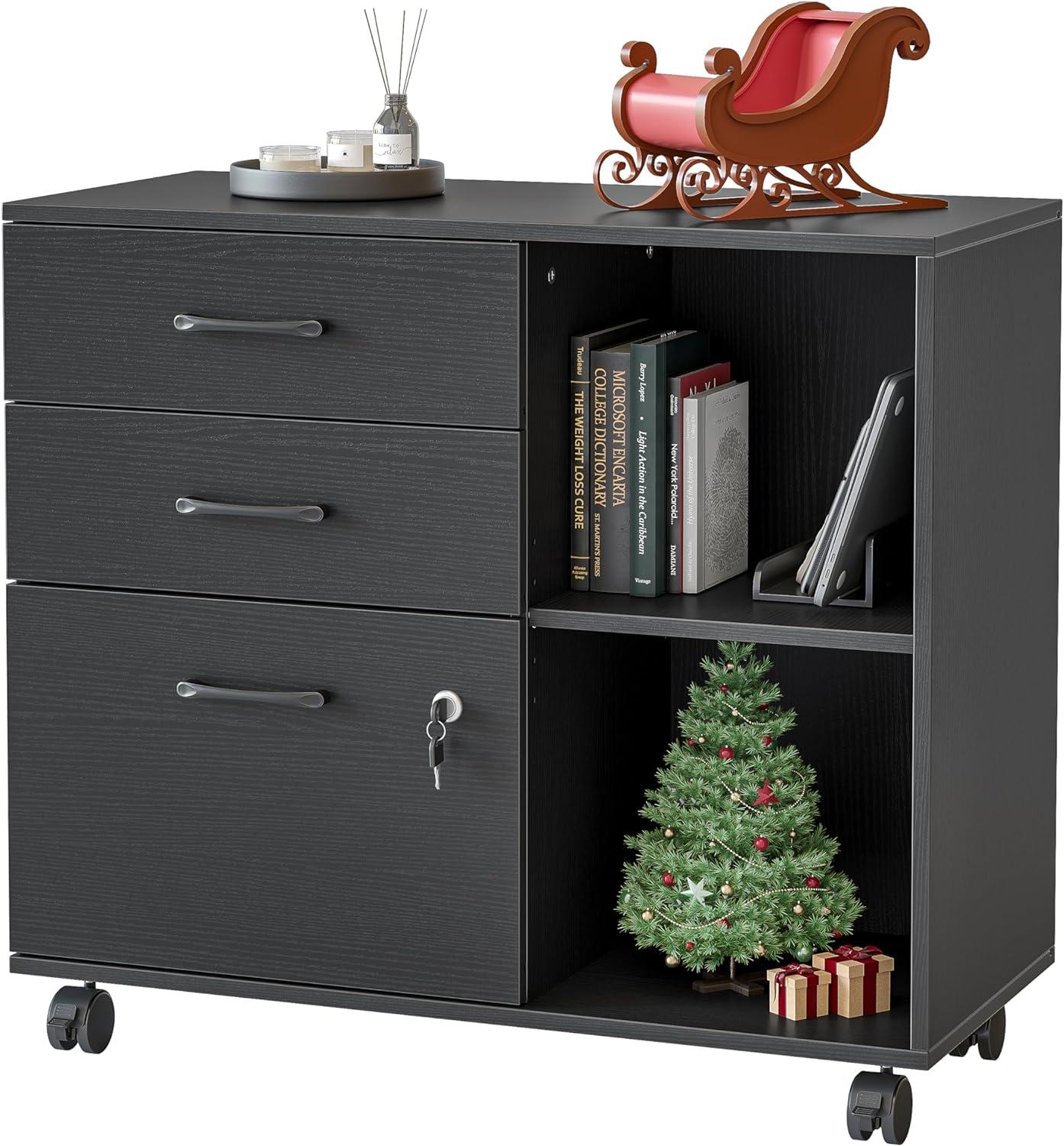 3-Drawer Mobile File Cabinet, Lateral Filing Cabinet with Lock, Printer Stand with Open Storage Shelves for Home Office, Filing Cabinets for Home Office, Black