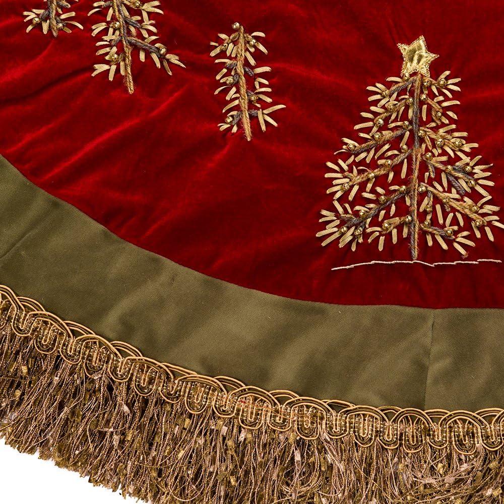 Kurt Adler 50" Burgundy Ribbon Trees Tree skirt with Green Tassel Border