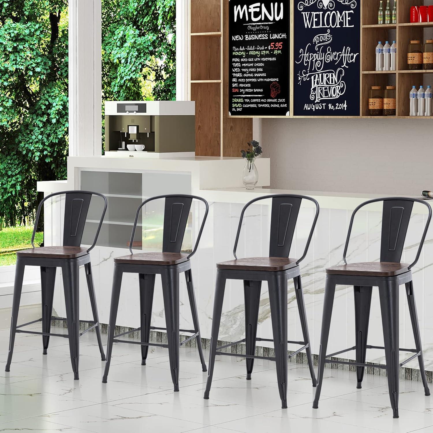 Black Metal Swivel Bar Stools with Wooden Seat, Set of 4