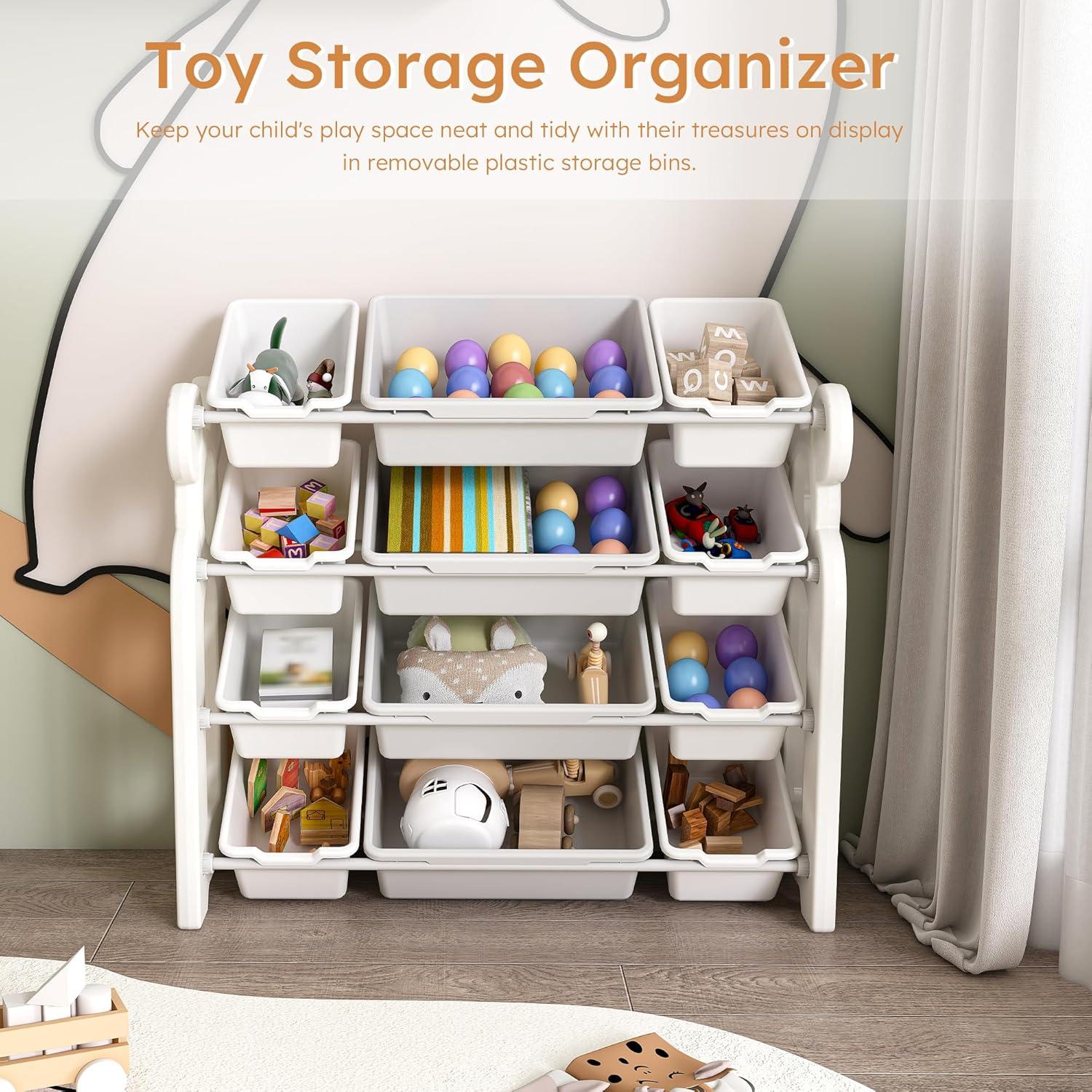 3-Tier Kids Toy Storage Organizer Shelf, Child Storage Cabinet with 6 Plastic Bins, Multi-Functional Nursery Storage Rack for Playroom Bedroom Living Room, Green