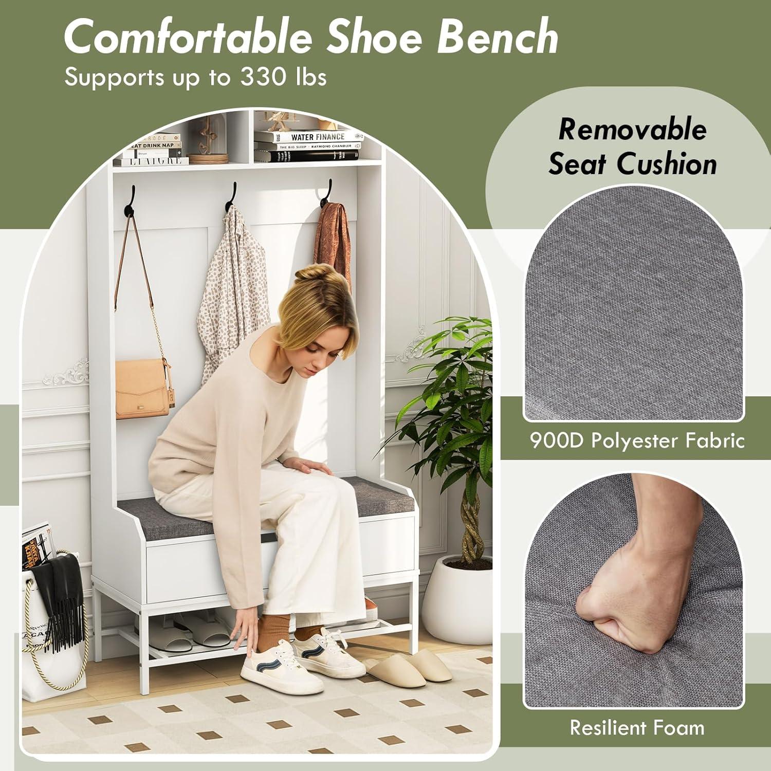 Kadyn Coat Hanger Organizer,Coat Rack, Hall Tree, 69 Inches Tall Hall Tree 4-in-1 Coat Rack with Seat Cushion and Shoe Storage-White