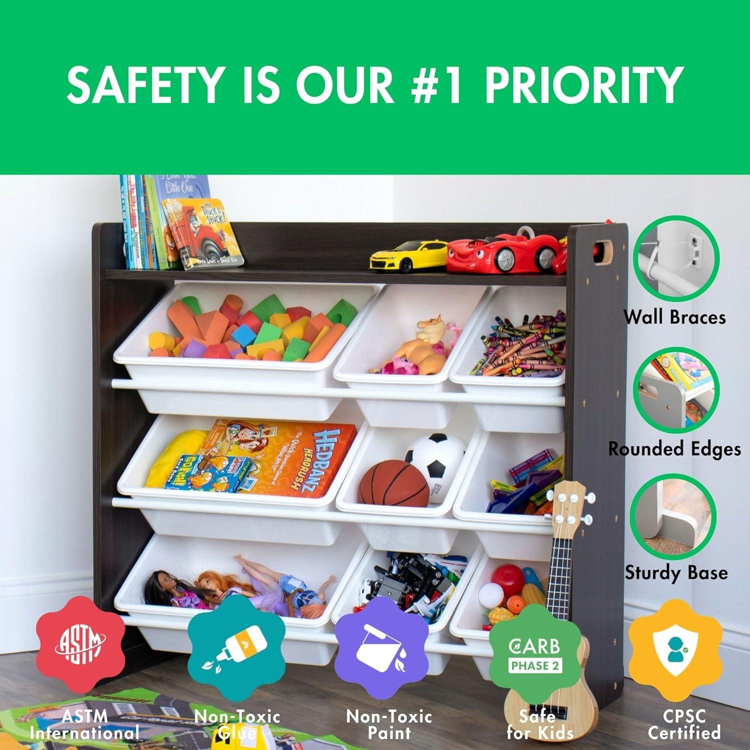 Humble Crew Espresso Toy Storage Organizer with Shelf and 9 Plastic Storage Bins, Espresso/White