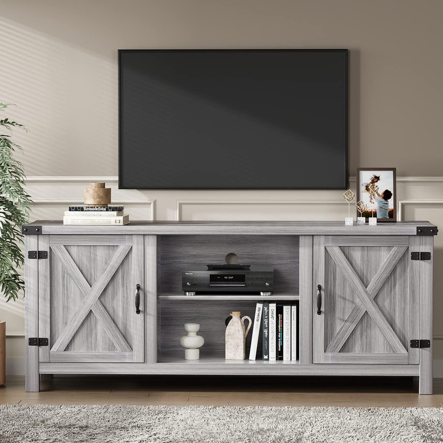 Gray Wash Barn Door TV Stand with Storage Cabinets