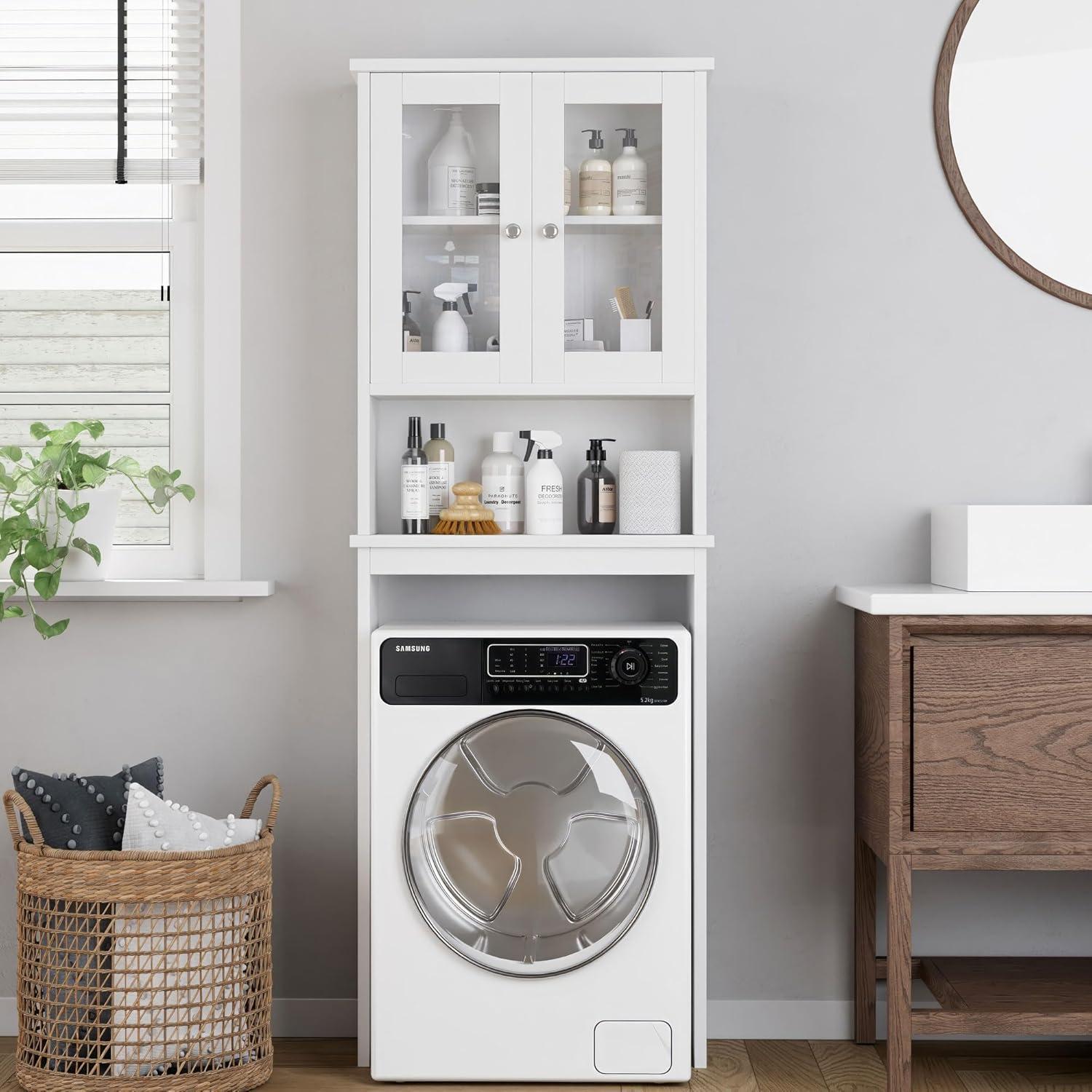 White Adjustable Over-the-Toilet Storage Cabinet with Glass Doors