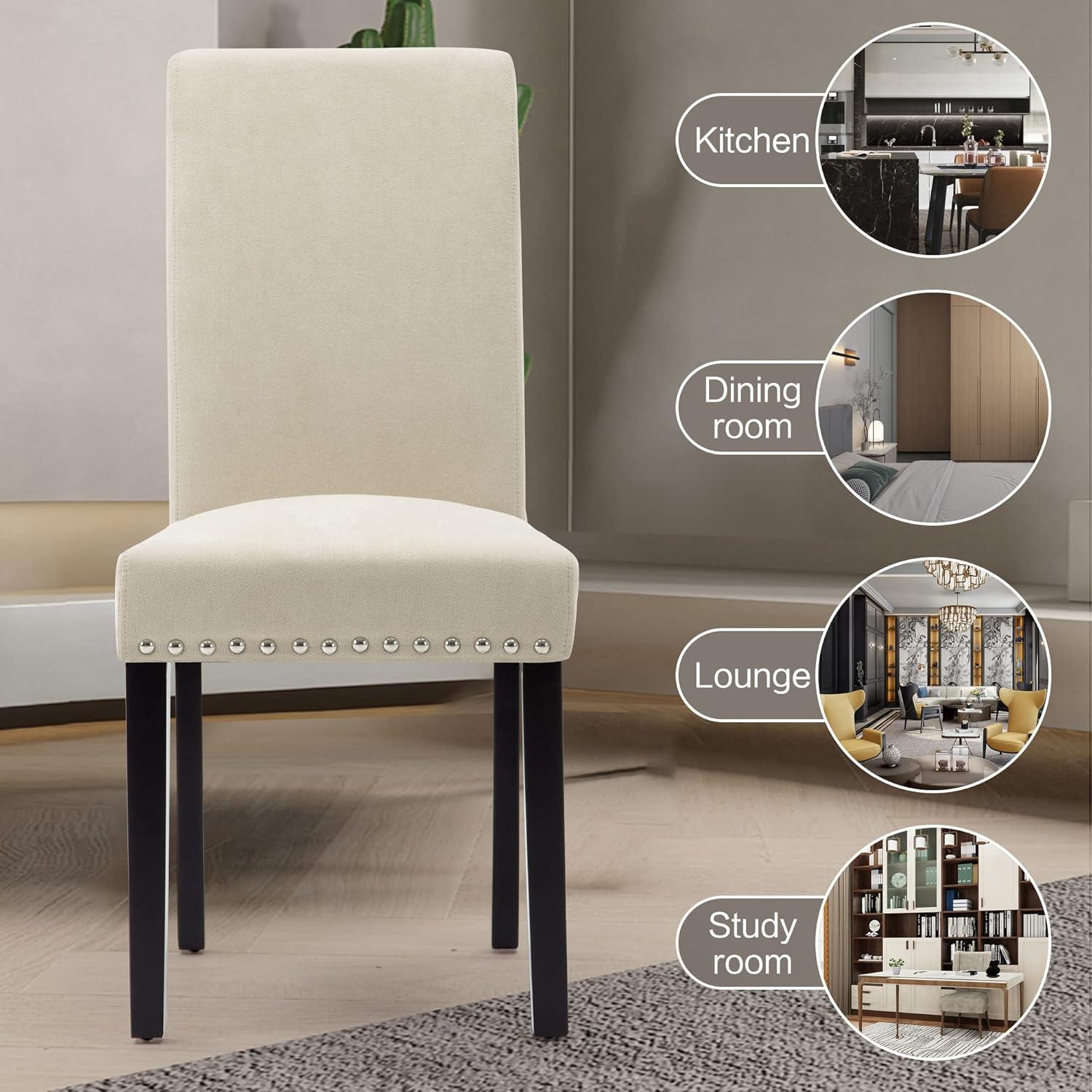 Costway Set of 2 Fabric Dining Chairs Upholstered with Nailhead Trim Beige