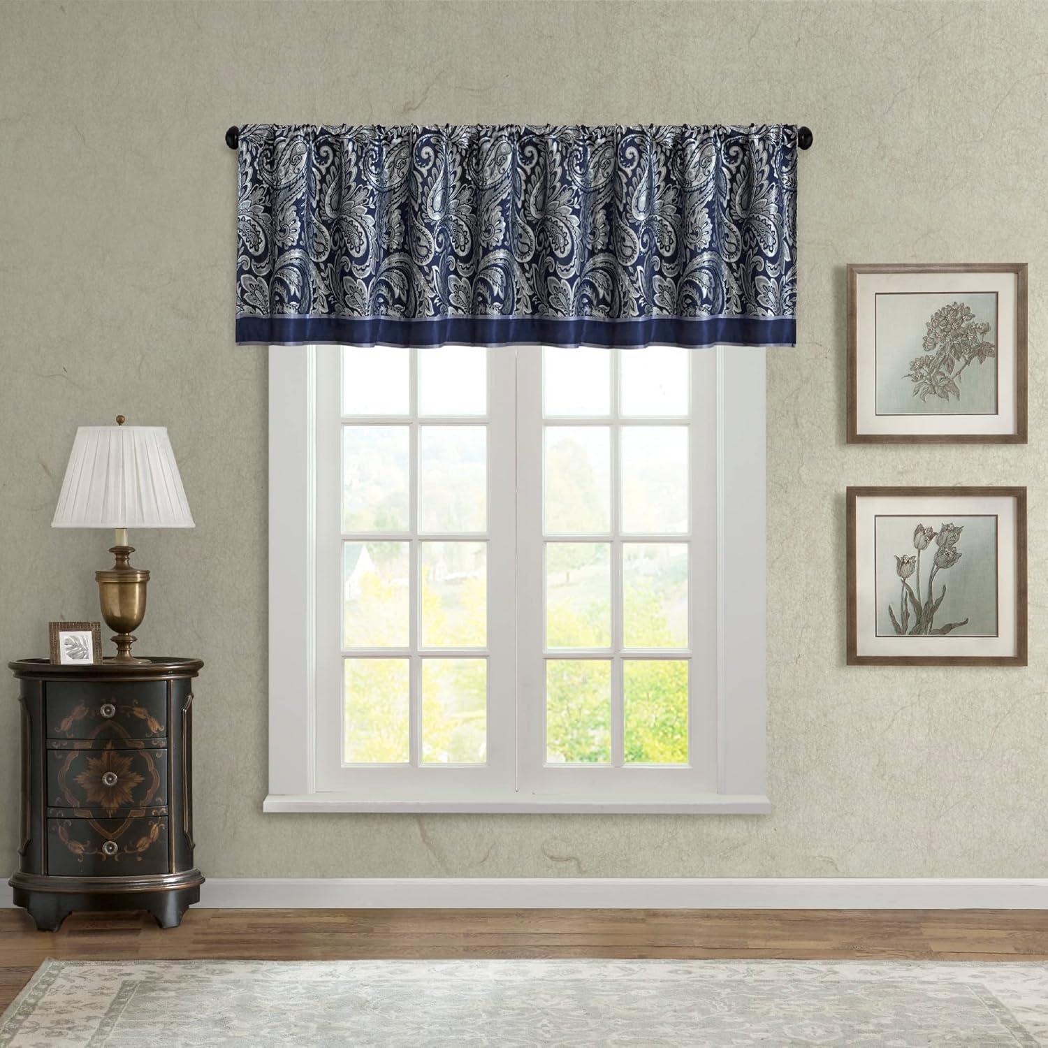 Navy Faux Silk Jacquard Rod Pocket Valance