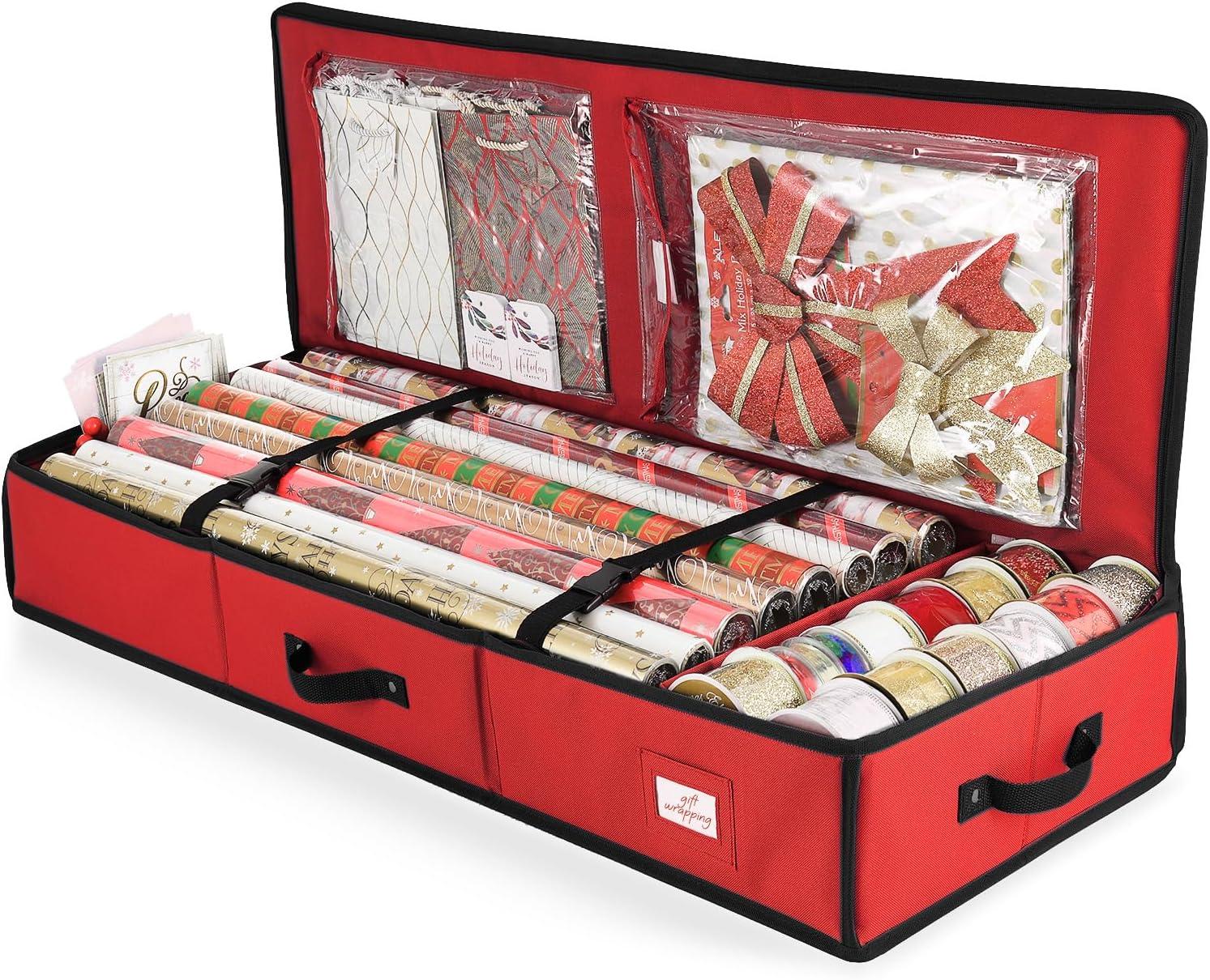 Hearth & Harbor Wrapping Paper Storage Container - Christmas Storage Bag with Interior Pockets - Fits Up to 22 Rolls of 40" - Red