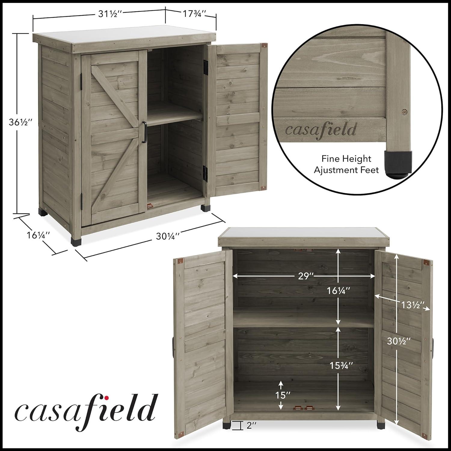 Casafield Outdoor Storage Cabinet and Potting Bench with Metal Tabletop and Storage Cabinet - Wooden Outdoor Garden Patio Workstation Table, Gray