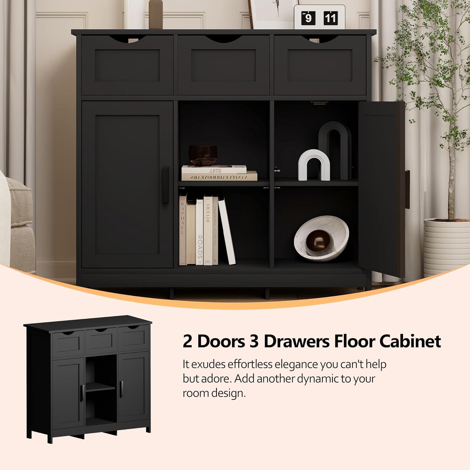 Black Storage Cabinets, Wooden Floor Cabinet,Coffee Bar Cabinet with 3 Drawers and 2 Doors,Free-Standing Cupboard for Kitchen,Living Room,Bathroom Diningroom