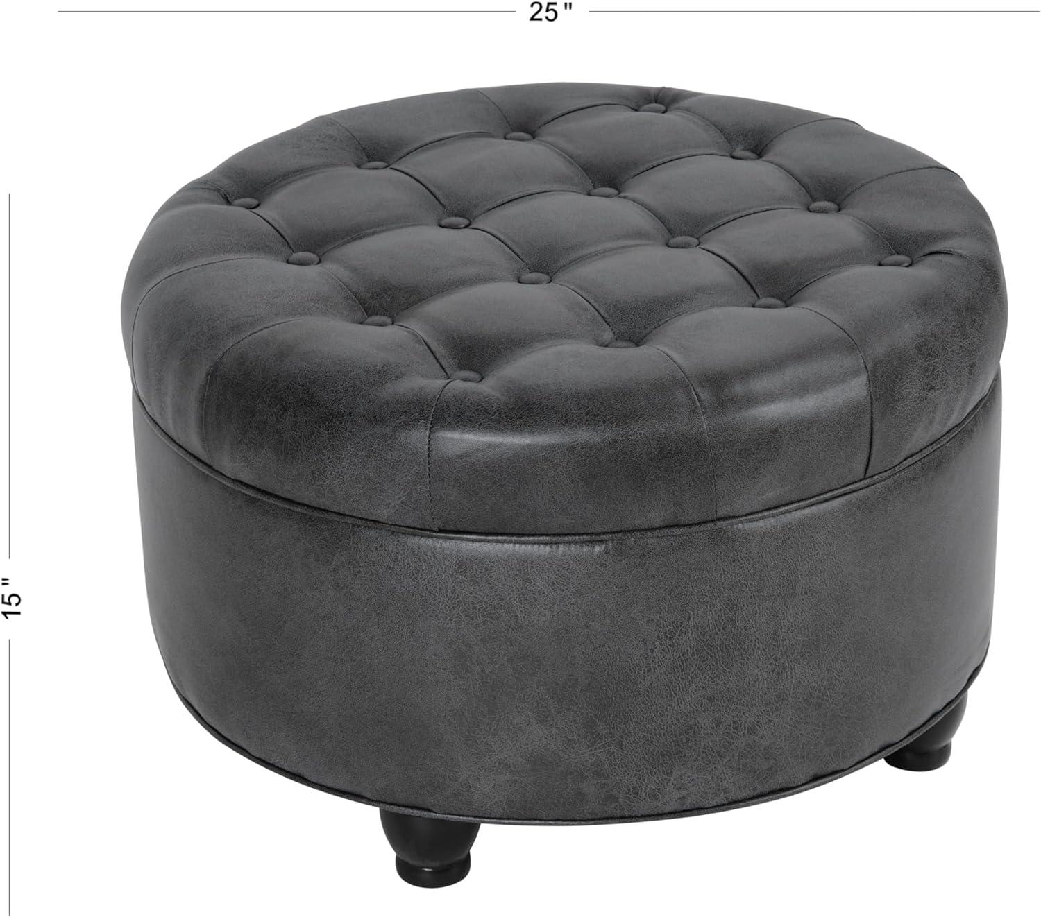 Large Tufted Round Storage Ottoman Faux Leather Gray - HomePop: Modern Upholstered Bench with Hardwood Frame