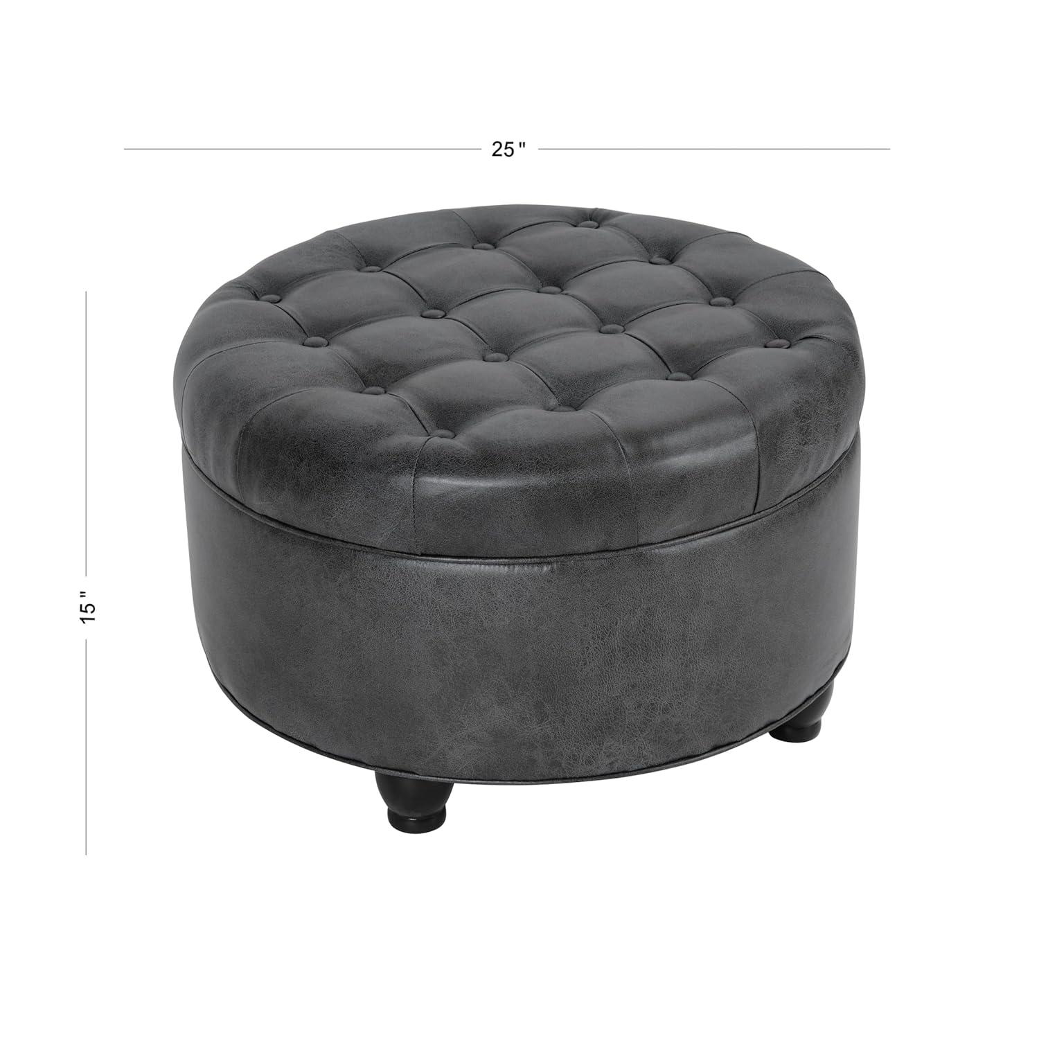 Large Tufted Round Storage Ottoman Faux Leather Gray - HomePop: Modern Upholstered Bench with Hardwood Frame